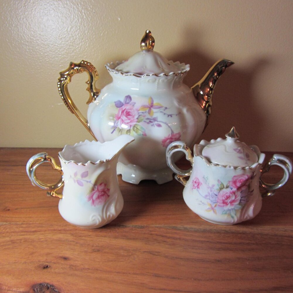 vintage Lefton China Heritage Garden Rose Tea Set Hand Painted Floral (W3500)